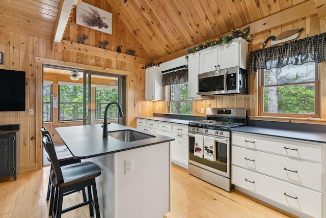 8 Log Cabin Ln Unit 9, Shapleigh, ME 04076 - kitchen with stainless steel appliances, dark countertops, wooden walls, healthy amount of natural light, and lofted ceiling