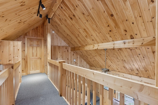 8 Log Cabin Ln Unit 9, Shapleigh, ME 04076 - hall featuring wood ceiling, lofted ceiling, wooden walls, and carpet flooring