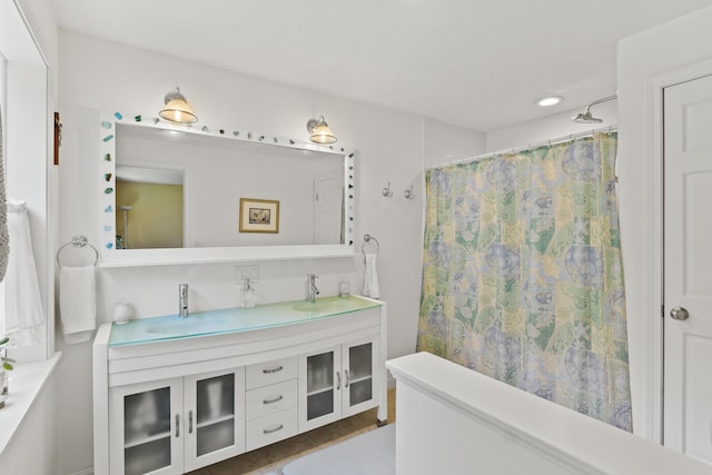 15 Harvey Brook Dr, Freeport, ME 04032 - bathroom featuring double vanity, recessed lighting, curtained shower, and tile patterned flooring