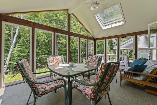 15 Harvey Brook Dr, Freeport, ME 04032 - sunroom / solarium featuring a skylight, plenty of natural light, vaulted ceiling, and carpet flooring