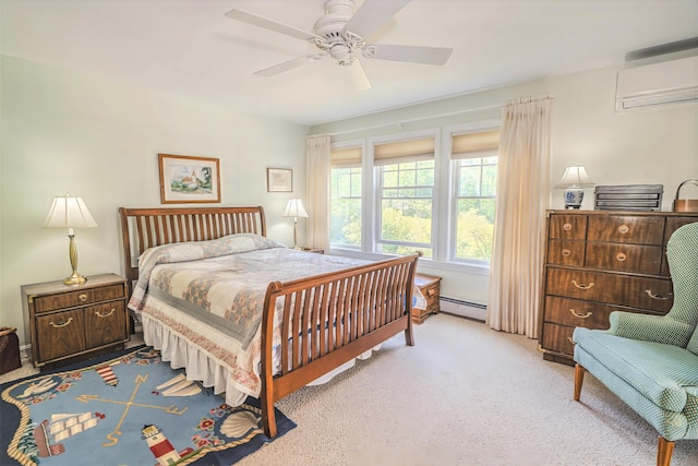 97 Dockside Ln Unit 8, Belfast, ME 04915 - carpeted bedroom featuring a wall unit AC, baseboard heating, and ceiling fan