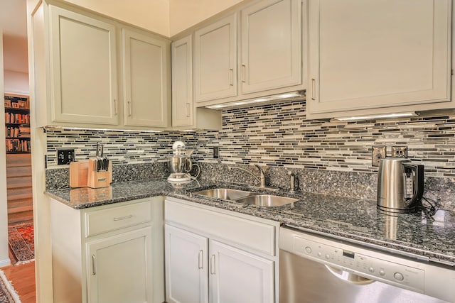 97 Dockside Ln Unit 8, Belfast, ME 04915 - kitchen with dishwasher, backsplash, and dark stone counters