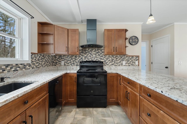 431 Bardon Hill Rd, Etna, ME 04434 - kitchen featuring wall chimney range hood, black appliances, open shelves, brown cabinetry, and ornamental molding