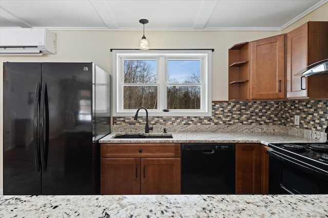 431 Bardon Hill Rd, Etna, ME 04434 - kitchen with black appliances, a wall mounted AC, brown cabinets, decorative backsplash, and light stone counters