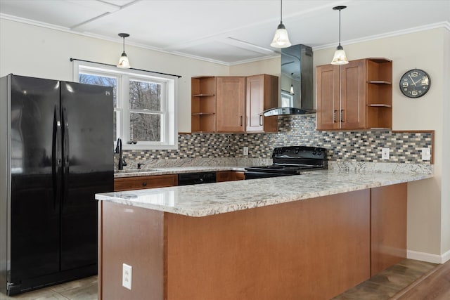 431 Bardon Hill Rd, Etna, ME 04434 - kitchen with open shelves, black appliances, wall chimney exhaust hood, a peninsula, and brown cabinets