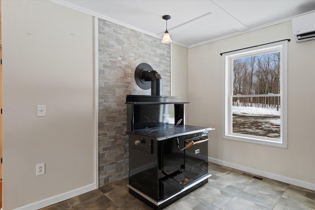 431 Bardon Hill Rd, Etna, ME 04434 - detailed view of an AC wall unit, ornamental molding, and a wood stove