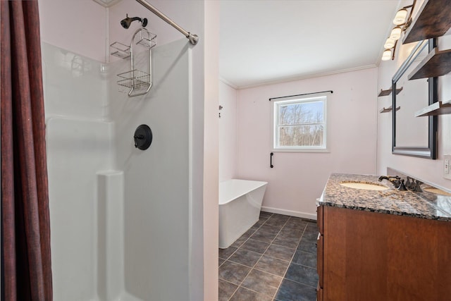 431 Bardon Hill Rd, Etna, ME 04434 - bathroom with vanity, a shower, a freestanding bath, tile patterned flooring, and ornamental molding