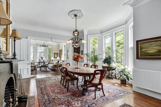 58 Church St, Belfast, ME 04915 - dining space featuring a chandelier, radiator, ornamental molding, and wood finished floors