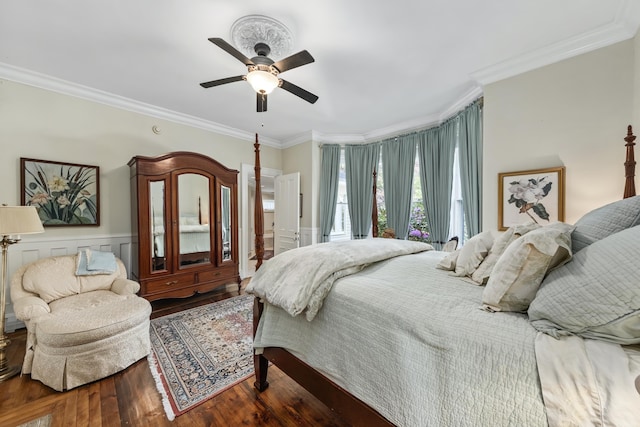 58 Church St, Belfast, ME 04915 - bedroom with ornamental molding, wood finished floors, a wainscoted wall, and ceiling fan