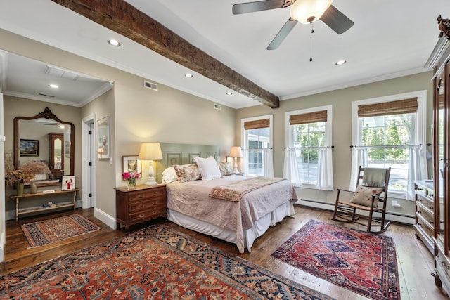 58 Church St, Belfast, ME 04915 - bedroom featuring wood-type flooring, a baseboard radiator, crown molding, recessed lighting, and ceiling fan