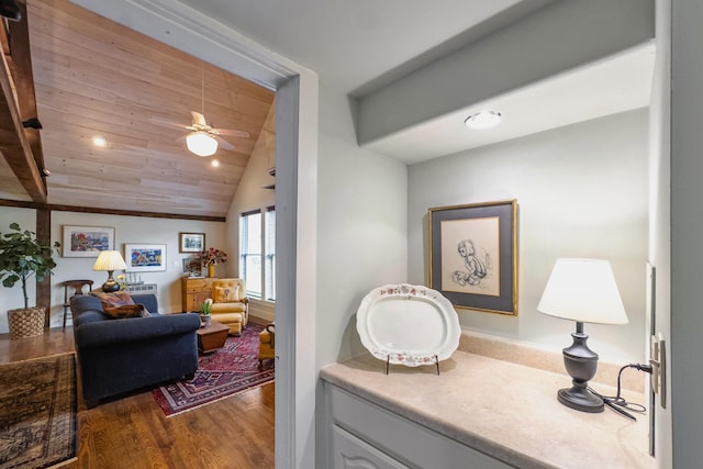58 Church St, Belfast, ME 04915 - living area featuring wood finished floors, vaulted ceiling, and ceiling fan