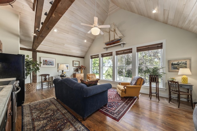 58 Church St, Belfast, ME 04915 - living area with wood ceiling, recessed lighting, dark wood-style floors, a ceiling fan, and high vaulted ceiling