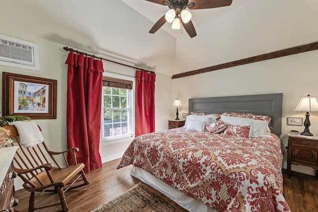 58 Church St, Belfast, ME 04915 - bedroom with wood finished floors, an AC wall unit, high vaulted ceiling, and ceiling fan