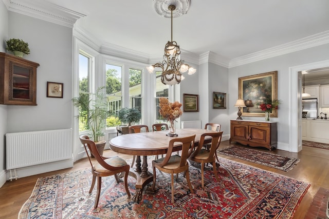 58 Church St, Belfast, ME 04915 - dining room featuring radiator heating unit, crown molding, wood finished floors, and a chandelier