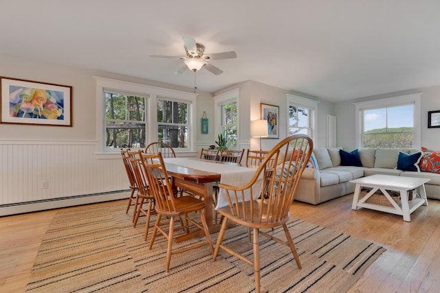 13 Norwood Ln, Kennebunkport, ME 04046 - dining room featuring light wood-style floors, wainscoting, a ceiling fan, and plenty of natural light