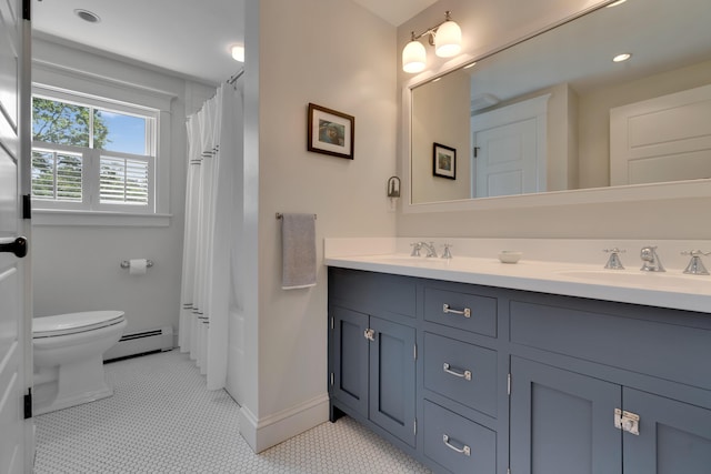13 Norwood Ln, Kennebunkport, ME 04046 - bathroom featuring a baseboard radiator, double vanity, curtained shower, and tile patterned floors