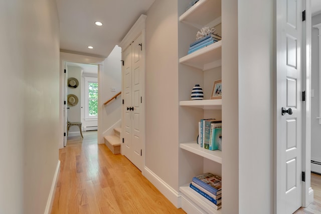 13 Norwood Ln, Kennebunkport, ME 04046 - corridor with light wood-type flooring, recessed lighting, a baseboard radiator, and stairway