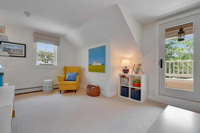 13 Norwood Ln, Kennebunkport, ME 04046 - sitting room with a baseboard radiator, carpet, vaulted ceiling, and baseboard heating