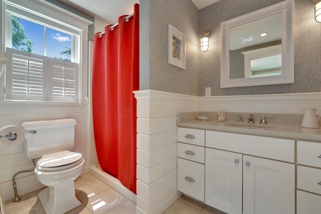 13 Norwood Ln, Kennebunkport, ME 04046 - full bath with vanity, tile patterned flooring, a shower with curtain, and wallpapered walls
