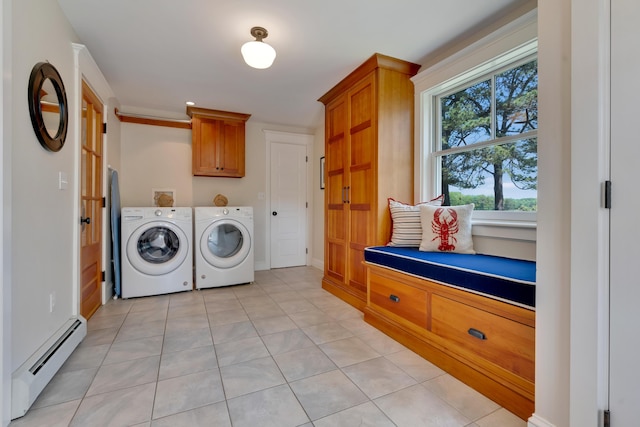 13 Norwood Ln, Kennebunkport, ME 04046 - laundry room with baseboard heating, separate washer and dryer, cabinet space, and light tile patterned floors