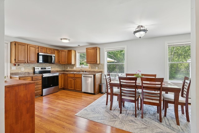 46 Label Ave, Portland, ME 04103 - kitchen featuring appliances with stainless steel finishes, light wood finished floors, tasteful backsplash, and brown cabinets
