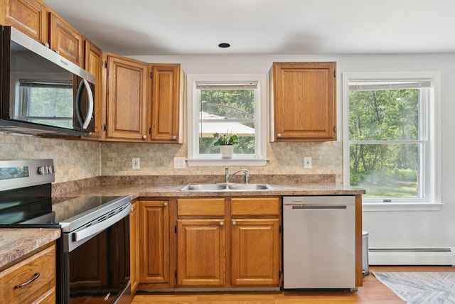 46 Label Ave, Portland, ME 04103 - kitchen featuring stainless steel appliances, a baseboard heating unit, backsplash, and healthy amount of natural light