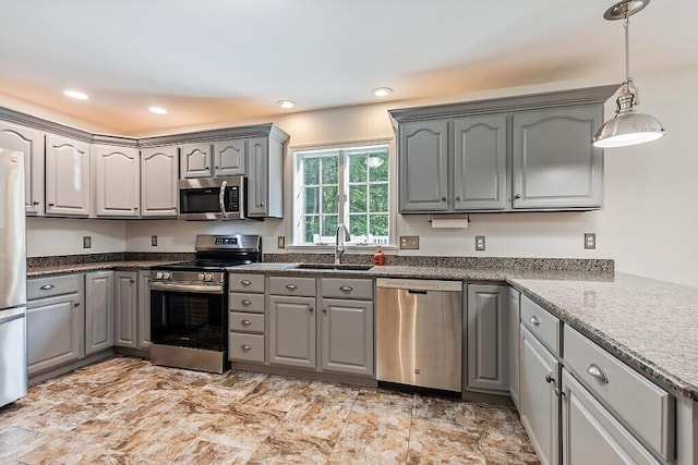 4 Acorn Ln, Lewiston, ME 04240 - kitchen featuring appliances with stainless steel finishes, gray cabinetry, pendant lighting, and recessed lighting