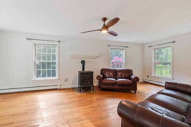 4 Acorn Ln, Lewiston, ME 04240 - living room featuring a baseboard radiator, a wood stove, ceiling fan, and light wood finished floors
