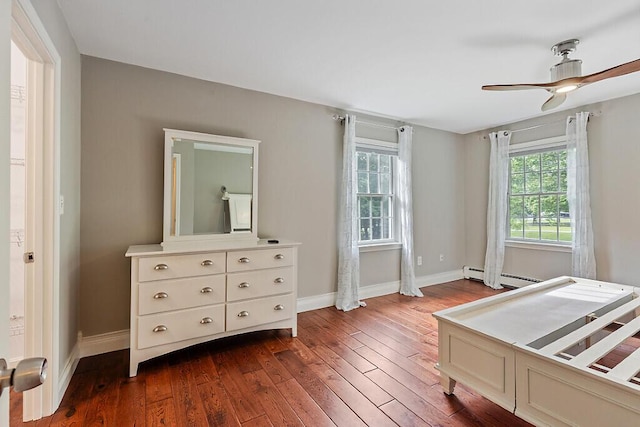 4 Acorn Ln, Lewiston, ME 04240 - bedroom featuring a baseboard radiator, dark wood-style floors, and ceiling fan