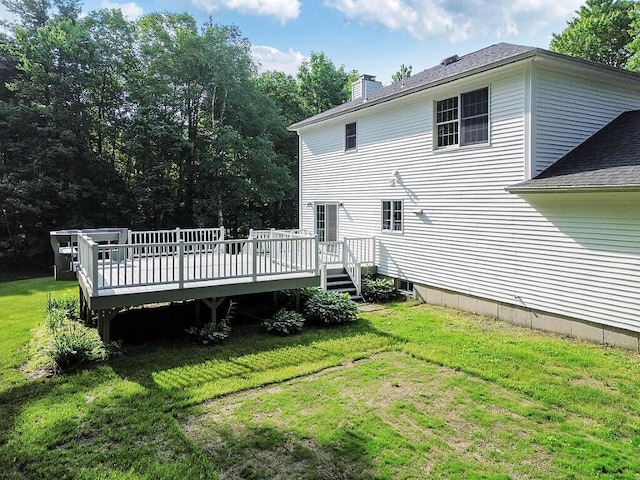 4 Acorn Ln, Lewiston, ME 04240 - rear view of property with a lawn, a chimney, a deck, and a shingled roof