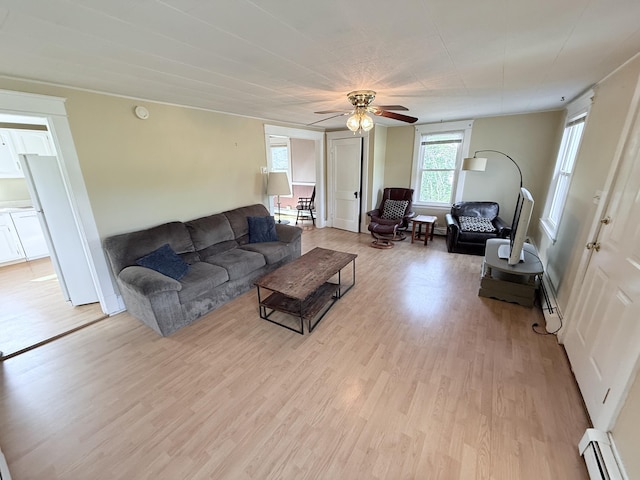 21 Peary Ter, South Portland, ME 04106 - living area featuring baseboard heating, light wood-type flooring, and ceiling fan