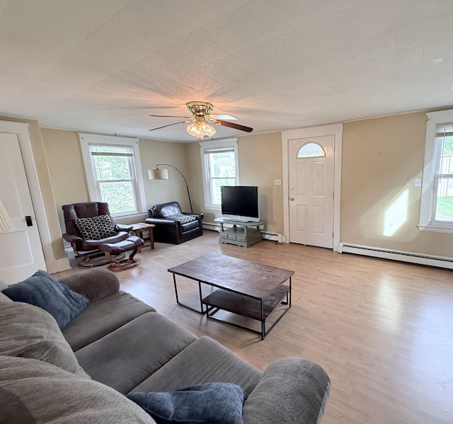 21 Peary Ter, South Portland, ME 04106 - living room with a baseboard radiator, healthy amount of natural light, a ceiling fan, and light wood-style floors