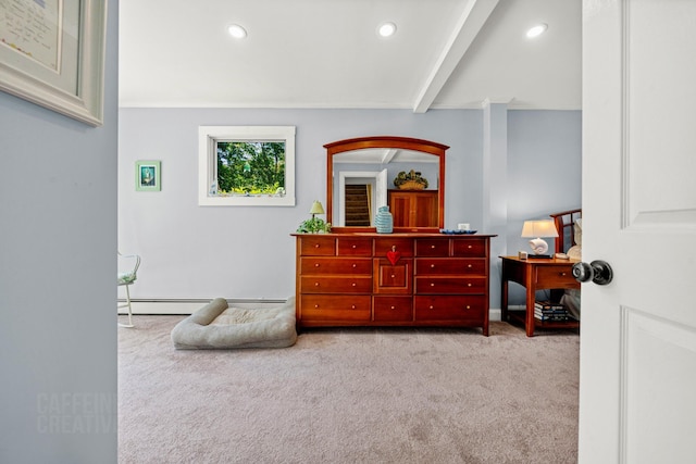 12 Fillmore Ave, South Portland, ME 04106 - carpeted bedroom with a baseboard radiator, recessed lighting, and beamed ceiling