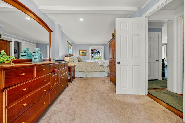 12 Fillmore Ave, South Portland, ME 04106 - bedroom featuring crown molding, light colored carpet, beamed ceiling, and recessed lighting
