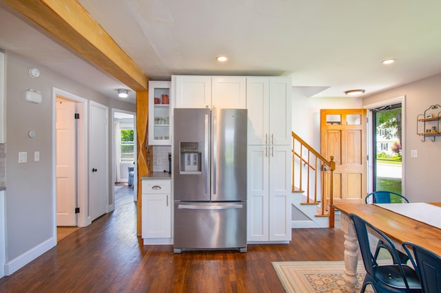 1 Madison St, Augusta, ME 04330 - kitchen featuring stainless steel fridge, dark wood-style floors, white cabinetry, healthy amount of natural light, and recessed lighting
