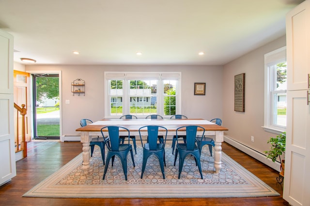 1 Madison St, Augusta, ME 04330 - dining room featuring a baseboard radiator, dark wood finished floors, and recessed lighting