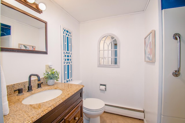 1 Madison St, Augusta, ME 04330 - bathroom featuring baseboard heating, vanity, and ornamental molding