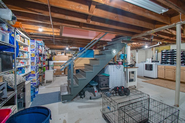 1 Madison St, Augusta, ME 04330 - unfinished below grade area featuring washing machine and dryer and stairs