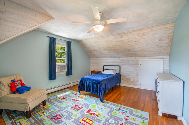 1 Madison St, Augusta, ME 04330 - bedroom with baseboard heating, wood finished floors, vaulted ceiling, wooden walls, and cooling unit