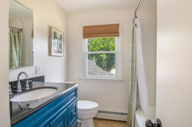 1 Madison St, Augusta, ME 04330 - full bathroom featuring baseboard heating, vanity, and shower / tub combo with curtain