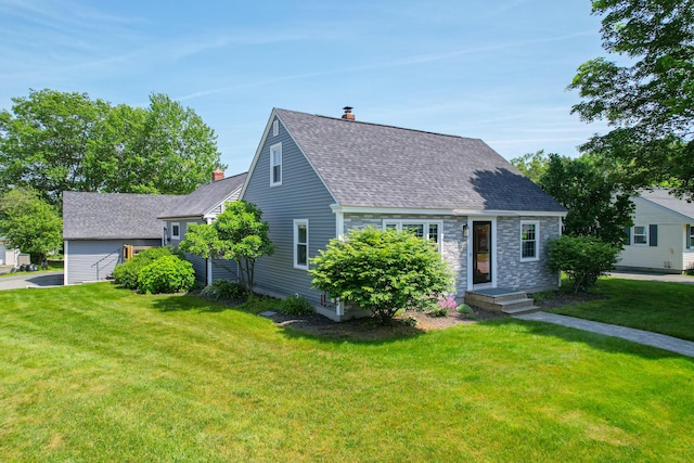 1 Madison St, Augusta, ME 04330 - cape cod home with a chimney, roof with shingles, a front yard, and stone siding