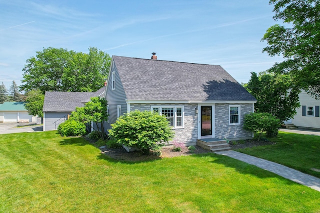 1 Madison St, Augusta, ME 04330 - cape cod-style house with roof with shingles, a front yard, stone siding, and a chimney