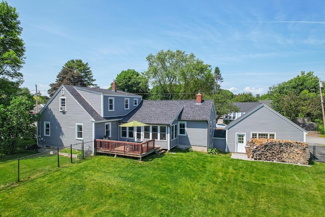 1 Madison St, Augusta, ME 04330 - back of house with a deck, a chimney, and roof with shingles