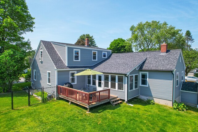 1 Madison St, Augusta, ME 04330 - rear view of property featuring a shingled roof, a deck, a chimney, and a gate