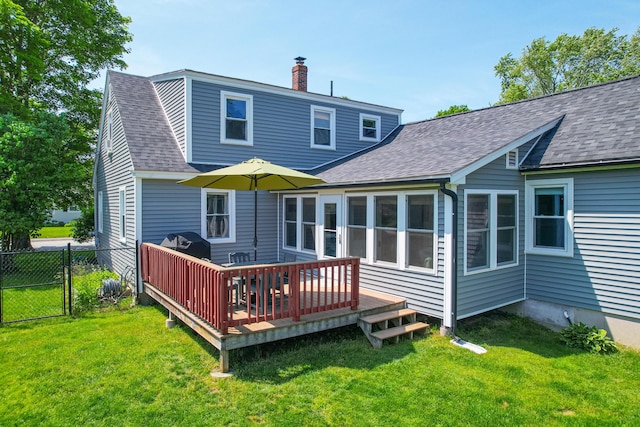 1 Madison St, Augusta, ME 04330 - rear view of house with roof with shingles, a chimney, a deck, and a gate