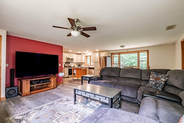375 Gorham Rd, Scarborough, ME 04074 - living room featuring a ceiling fan, light wood finished floors, and recessed lighting