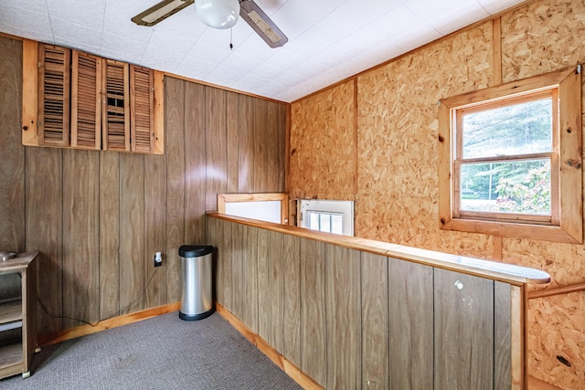 375 Gorham Rd, Scarborough, ME 04074 - interior space with a ceiling fan, carpet floors, and wooden walls
