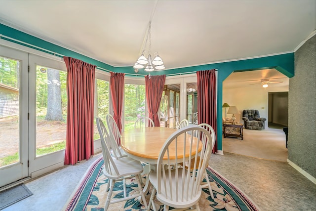 31 Herrick Rd, Belfast, ME 04915 - dining space featuring crown molding, plenty of natural light, carpet flooring, and ceiling fan