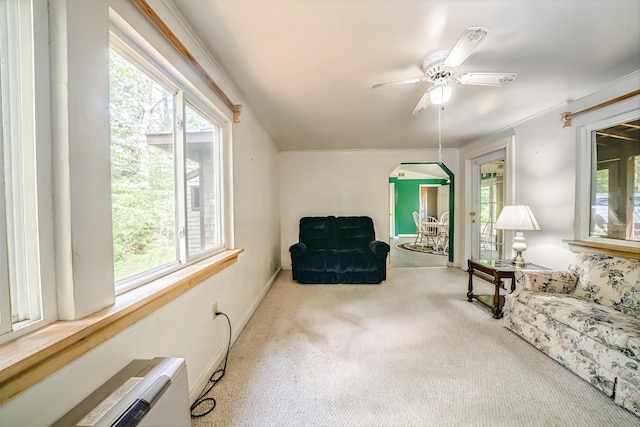 31 Herrick Rd, Belfast, ME 04915 - living area with carpet, healthy amount of natural light, and ceiling fan