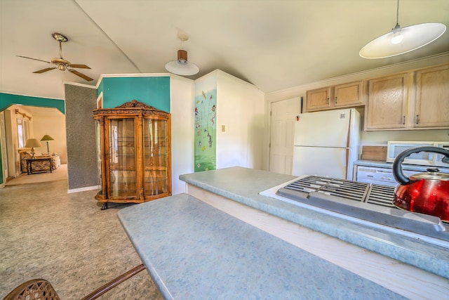 31 Herrick Rd, Belfast, ME 04915 - kitchen with white appliances, vaulted ceiling, and ceiling fan
